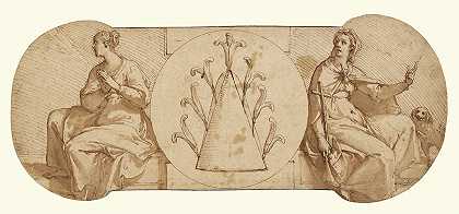 信仰和希望的寓言，位于祖卡罗徽章的两侧`Allegories of Faith and Hope, Flanking the Zuccaro Emblem (1595) by Federico Zuccaro