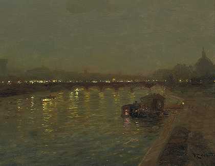 巴黎圣父桥上的灯光`Lights On The Saint Pères Bridge, Paris by François-Charles Cachoud