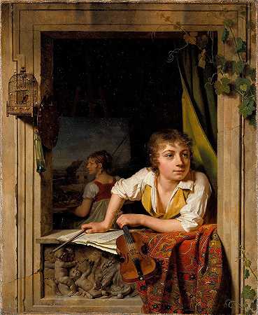 绘画与音乐（艺术家之子肖像）`Painting and Music (Portrait of the Artists Son) (1800) by Martin Drölling