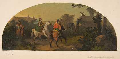 卢德城堡（Sarthe）图书馆的一幅壁画设计，描绘了骑手在一处风景中为一个露奈特（lunette）设计的风景`Mural design picturing riders in a landscape for a lunette in the library of the Chateau de Lude (Sarthe) (19th Century) by Jules-Edmond-Charles Lachaise