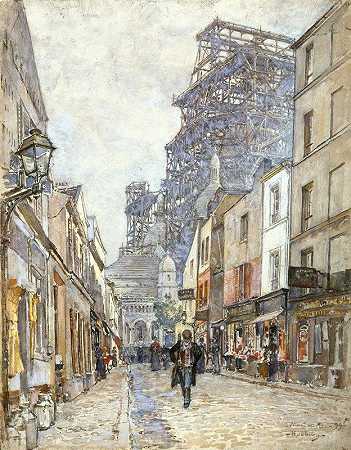 巴雷骑士街，圣心正在建造中`La rue du Chevalier~de~la~Barre, avec le Sacré~Cœur en construction (1899) by Frédéric Houbron