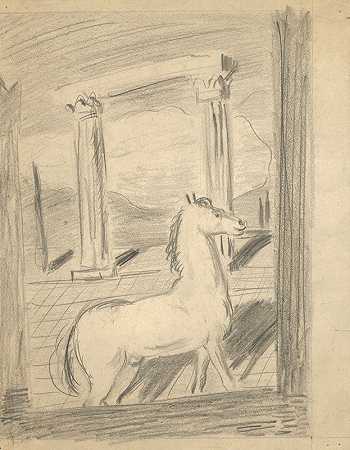 《孤独的马》素描`Sketch for the Painting Lonely Horse (1936) by Cyprián Majerník