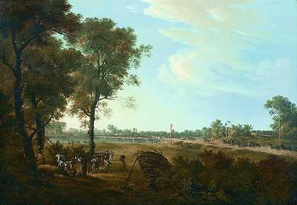 拿破仑战争的场景洛保桥头的起点`Szene aus den Napoleonischen Kriegen; Der Beginn des Brückenkopfes in der Lobau (1810) by Joseph Rebell