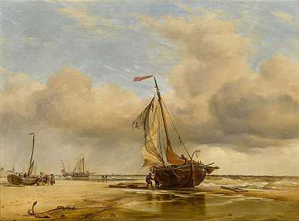 在荷兰舍维宁根的海滩上`On the Beach at Scheveningen, Holland by Edward William Cooke