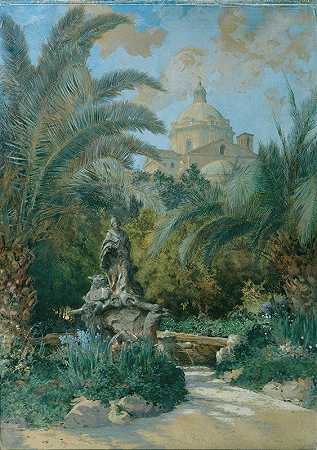 驻罗马大使馆的维杜特从右边有圆顶的花园看去`Vedute der Botschaft in Rom; Ansicht vom Garten mit der Kuppel rechts (1890~1900) by Othmar Brioschi