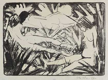 坐在草地上的两个女孩（三幕）`Sitzendes und zwei liegende Mädchen im Gras (Drei Akte) (1922~1926) by Otto Mueller