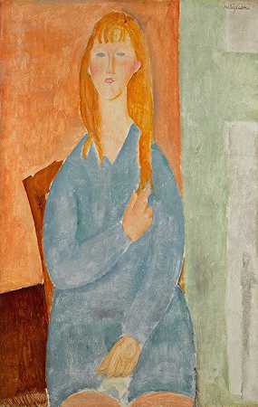 坐着的小女孩，头发蓬松（穿蓝色衣服的小女孩）`Jeune fille assise, les cheveux dénoués (Jeune fille en bleu) (1919) by Amedeo Modigliani