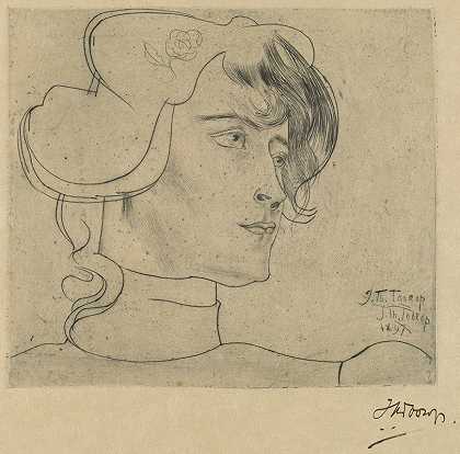 一个女人的头像（玛格利特·阿道夫·赫尔弗里奇）`Head of a Woman (Marguérite Adolphine Helfrich) (1897) by Jan Toorop