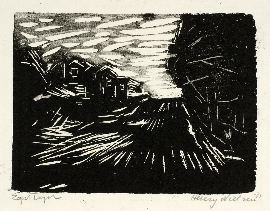 宽阔的道路、房屋、树木`Bred vej, huse, træer (1931) by Henry Nielsen