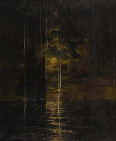 月光下的帆船`Sailboats in Moonlight (1877) by Frederick Rondel