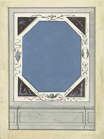 带有蓝色八角形中央面板的房间装饰设计`Ontwerp voor kamerversiering met een paneel met centraal een blauwe achthoek (1767 ~ 1823) by Abraham Meertens