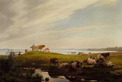 在峡湾吃草的奶牛`Græssende køer ved fjorden by Adolf Mackeprang