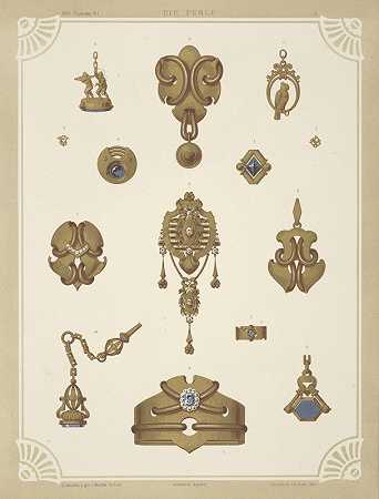 14种珠宝设计，包括金色胸针和蓝色宝石别针。`Fourteen Designs For Jewelry, Including Gold Brooches And Pins Containing Blue Stones. (1872 ~ 1873) by Martin Gerlach