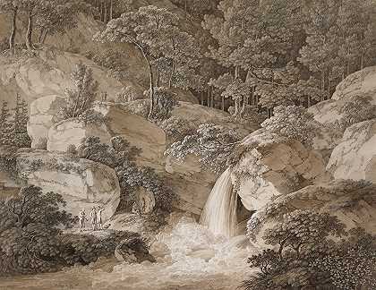 萨克森州阿姆塞尔福尔景观`View of the Amselfall in Saxony (1794) by Adrian Zingg