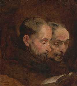 一幅画的复制品，传统上认为是范戴克画的两个僧侣在读书`
A Copy after a Painting Traditionally Attributed to Van Dyck of Two Monks Reading by Thomas Gainsborough