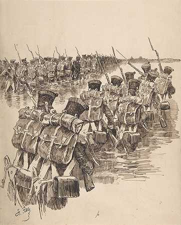 在水中行进的士兵`Soldiers Marching in Water (19th century) by Charles-Henri Pille