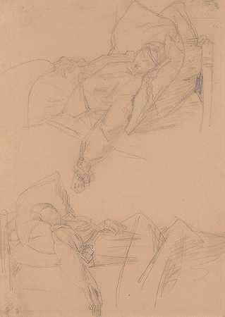 芭芭拉躺在床上作画的两张素描芭芭拉·拉齐维之死`Two sketches of Barbara lying in bed for the painting Death of Barbara Radziwiłł (1860) by Józef Simmler