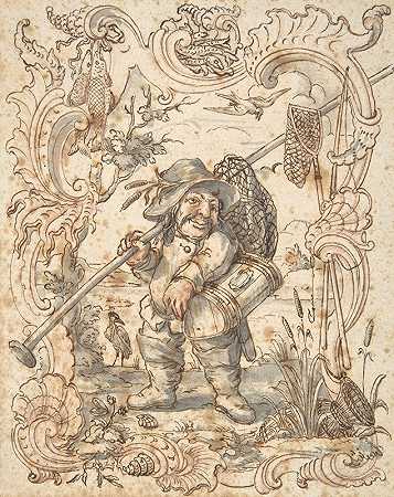 装饰框架中的鱼和鸟贩子的漫画`Caricatures of a Fish and a Bird Peddler in Ornamental Frames (1735–88) by Johann Esaias Nilson