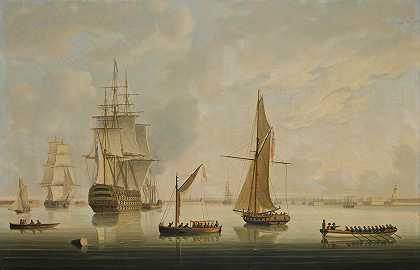 一名英国士兵被蒸汽拖船拖进朴茨茅斯港`A British Man~Of~War Being Towed Into Portsmouth Harbour By A Steam Tug by Thomas Buttersworth