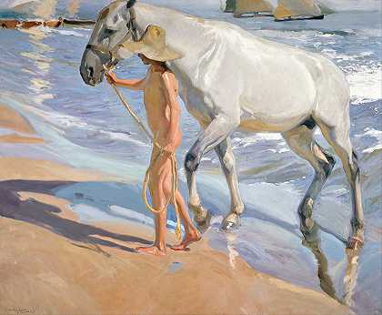 马洗浴`The Horses Bath (1909) by Joaquín Sorolla