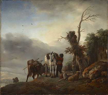 驮马景观`Landscape with Packhorses (1660) by Philips Wouwerman