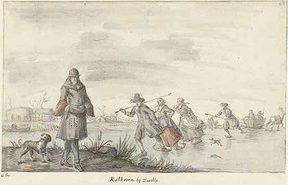 Zwolle石灰窑的冬季景观`Wintergezicht bij de kalkoven te Zwolle (1661 ~ 1693) by Gerrit Grasdorp
