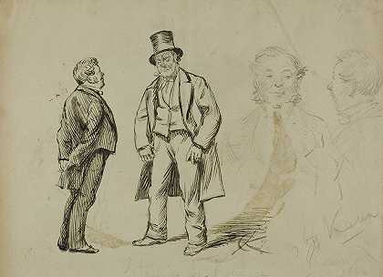 两个站着的男人和两个男人的草图`Sketch of Two Standing Men and Two Portaits (1870~91) by Charles Samuel Keene