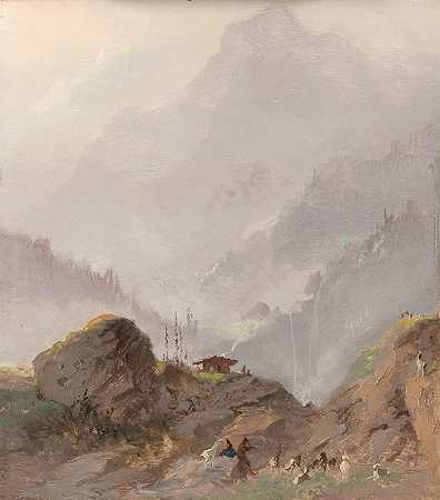 泰洛山上的山景和羚羊`Mountain Landscape in Tirol with Chamois (c. 1858) by Johannes Tavenraat