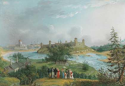 从约阿希姆塔尔山的高处可以看到维斯特·Jwangorod（圣约翰市）和纳瓦的部分遗迹`Die Ruinen der Veste Jwangorod (Johannesstadt) nebst ein Teil von Narva von der Höhe von Joachimsthal herabgesehen by Johannes Hau