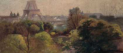 埃菲尔铁塔，德莱塞特花园景色`La Tour Eiffel, vue du jardin Delessert (1903) by Adolphe-Ernest Gumery