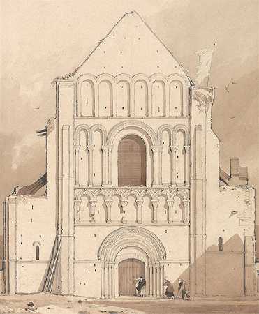 诺曼底卡昂附近Oyestraham[Ouistreham]教堂的西面`West Front of the Church of Oyestraham [Ouistreham], near Caen, Normandy (1820) by John Sell Cotman
