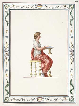 坐在小桌子旁的穿着古典服装的女人。`Woman in classical dress sitting at small table. (1783) by Pierre-Jean Mariette