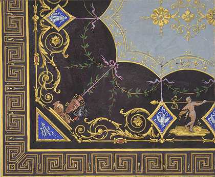 带有罗马钥匙边框、rinceaux和徽章的壁纸设计`Design for wallpaper with Roman key border, rinceaux, and medallions (1830–97) by Jules-Edmond-Charles Lachaise