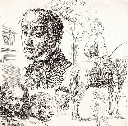 带有肖像头像、骑马的农民等的手写体样本。`Prøveblad i stylografi med portræthoveder, bonde til hest m.m. (1845) by Wilhelm Marstrand
