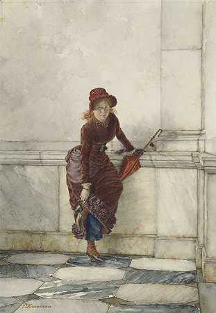 站着的年轻女子，靠在墙上`Staande jonge vrouw, tegen muur geleund (1869 ~ 1937) by Pieter Haaxman