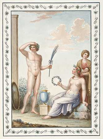 裸体青年手持棕榈枝，部分裸体女子手持花环。`Nude youth holding palm branch, partially nude woman holding wreath. (1783) by Pierre-Jean Mariette