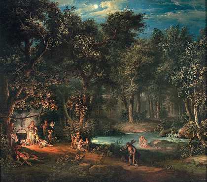 数字`Figures by an encampment in a nocturnal landscape by an encampment in a nocturnal landscape by Giovanni Battista Innocenzo Colombo