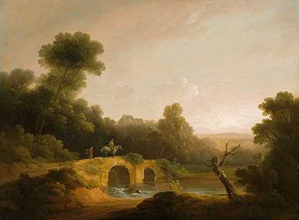人物过桥的风景`Landscape with Figures Crossing a Bridge (1790~1800) by John Rathbone
