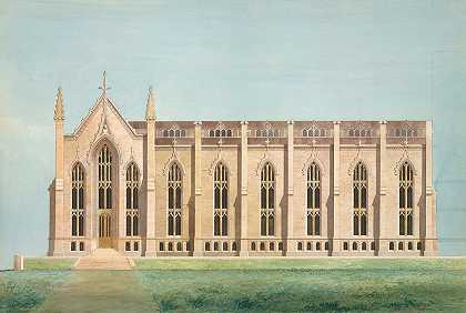 安娜堡密歇根大学图书馆和礼拜堂北翼设计`Design for the North Wing of the Library and Chapel Building at the University of Michigan, Ann Arbor (1838~39) by Alexander Jackson Davis