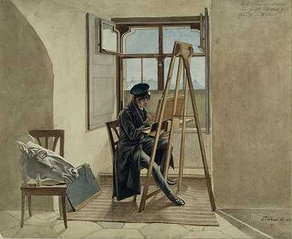 画家约翰·亚当·克莱因（Johann Adam Klein）在维也纳乔特克宫（Palais Chotek）画室的画架上`The Painter Johann Adam Klein at the easel in his studio in the Palais Chotek in Vienna (1818) by Johann Christoph Erhard