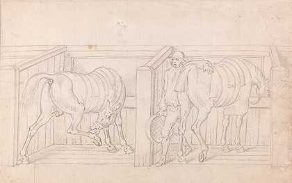 马厩里的两匹备有鞍的马`Two Saddled Horses in Stalls in a Stable by James Seymour