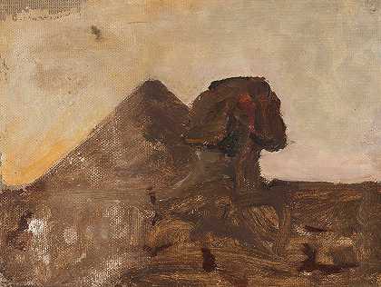 沙漠之夜——狮身人面像和金字塔。从埃及之旅`Evening in the desert – Sphinx and pyramid. From the journey to Egypt (1903) by Jan Ciągliński