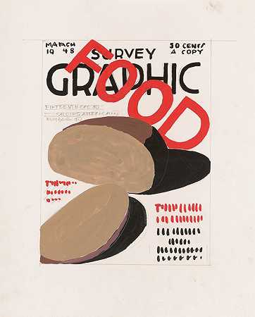 调查平面杂志封面平面设计;食物][文字和食物设计]`Graphic design for cover of Survey Graphic Magazine; Food.] [Design with text and food items (1948) by Winold Reiss