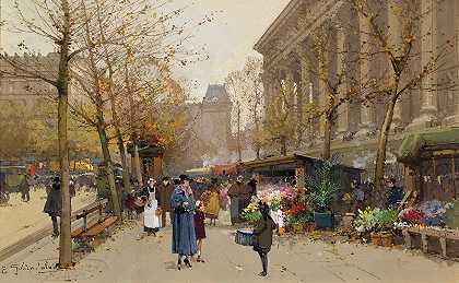 拉马德兰花卉市场`Flower Market, La Madeleine by Eugène Galien-Laloue