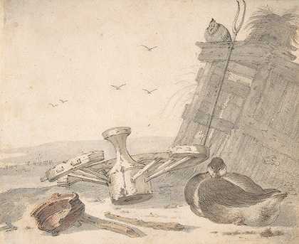 一只鸭子睡在农家院子里一个坏了的轮子旁边，一只鸡在远处`A Duck Sleeping near a Broken Wheel in a Farmyard, a Chicken beyond (17th century) by Cornelis Saftleven