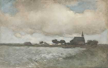 努尔登附近努尔德多普教堂的景观`View of the Church at Noordse Dorp near Noorden (c. 1880 ~ c. 1885) by Johan Hendrik Weissenbruch