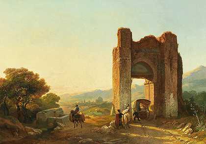 毛里塔尼亚废墟和人物的浪漫景观`A romantic landscape with Mauritanian ruins and figures by François Antoine Bossuet