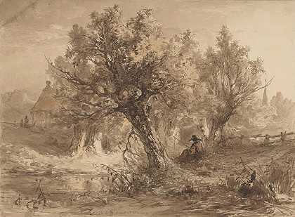 柳树下垂钓者的风景`Landschap met hengelaar onder wilgen (1866) by Maria Vos
