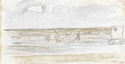 海上的游泳者和沙滩马车`Baders in zee en een strandkoets (1834 ~ 1911) by Jozef Israëls