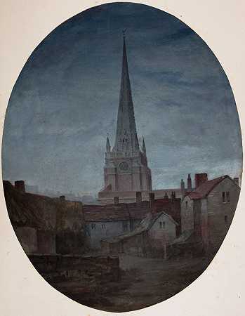 圣马丁s教堂伯明翰，夜间`St Martins Church Birmingham, By Night (1850~1888) by Elijah Walton